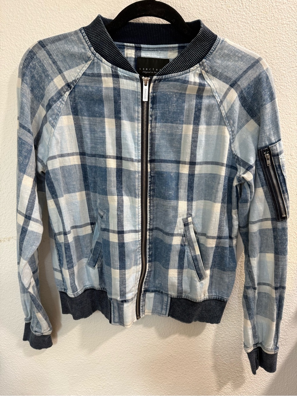 Sanctuary Blue and Cream Plaid Bomber lightweight Jacket XS